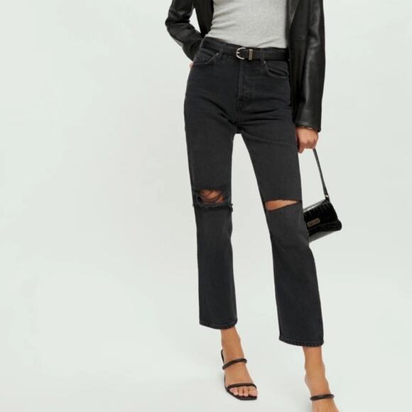 Reformation Cynthia High Rise Straight Jeans Destroyed Black Lagoon Size 26 - Picture 10 of 10